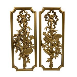 Vtg 1964 Burwood Products‎ Gold Musical Wall Plaques Pair USA MCM Plastic 14x5.5
